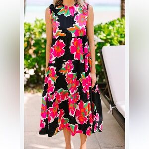 UMGEE BLACK PINK FLORAL MIDI DRESS TIERED LARGE